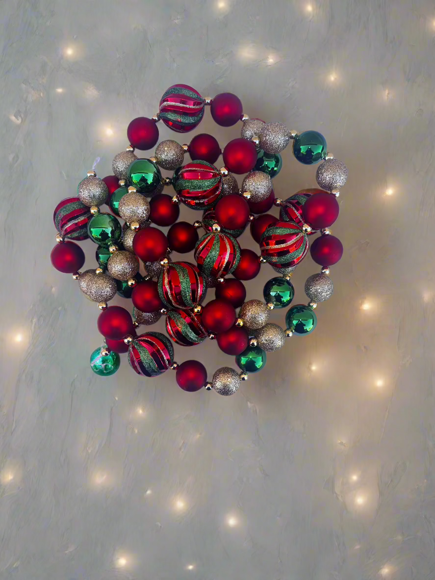 Elegant Christmas Beaded Garland – Red, Green, and Gold Striped Design 72"