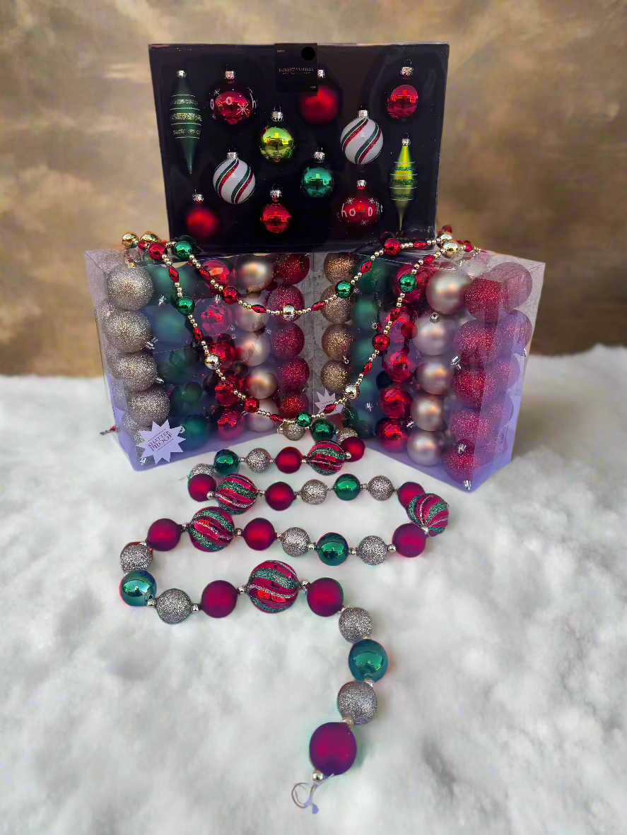Elegant Christmas Beaded Garland – Red, Green, and Gold Striped Design 72"