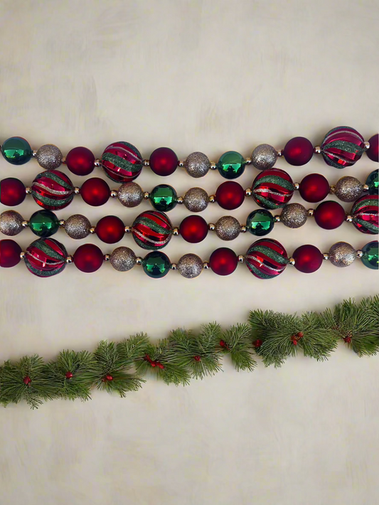 Elegant Christmas Beaded Garland – Red, Green, and Gold Striped Design 72"